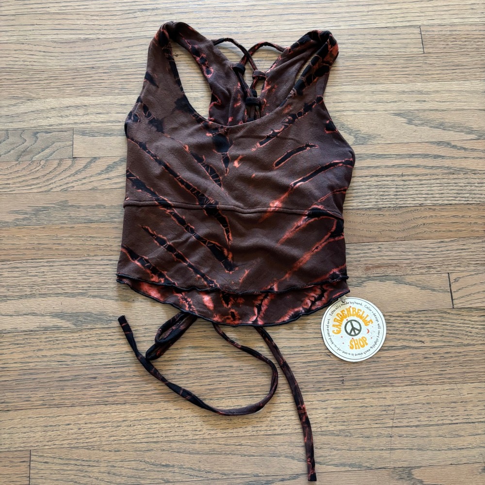 Gardenbelle Shop Brown Red Tie Dye Lace Up Back Crop Top Tank NWT